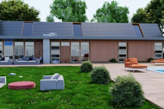 revamp 3d modern house exterior, outdoor yard,flat roof,pool lounge,patio render