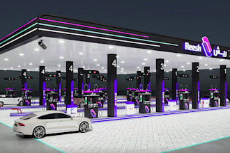 design and renovate a 3d gas station, oil station, car parking, and restaurant