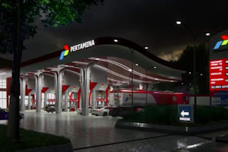 create realistic 3d filling station, oil station and commercial plaza exterior
