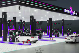 build a modern gas station exterior with restaurant plaza, parking layout in 3d