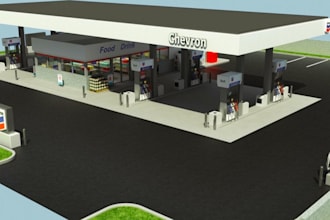 create 3d gas station shell, gas station interior, gas station store