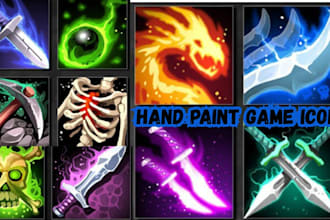 design 2d hand painted game icons for weapons, skills, upgrade, inventory items