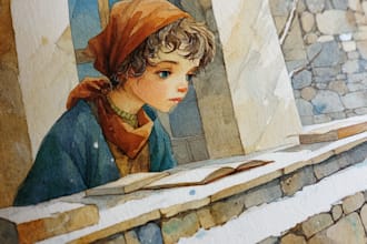 draw watercolor children story book illustration, children story book cover art