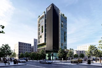 design 3d office complexes,outdoor working area,urban cityscape, exterior facade