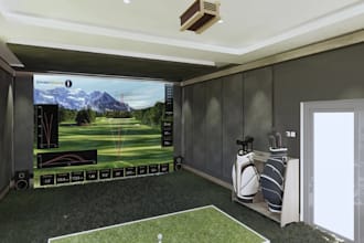 refurbish indoor golf simulator,hybrid home office,golf course layout,3d render