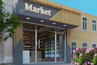 remodel modern shop exterior,grocery store interior,mini market layout,rendering