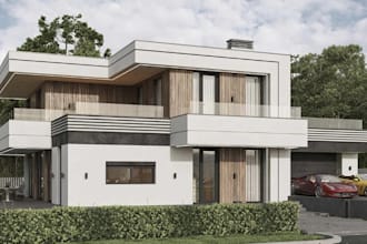 renovate 3d modern residence,facade exterior render,landscape yard,glass railing