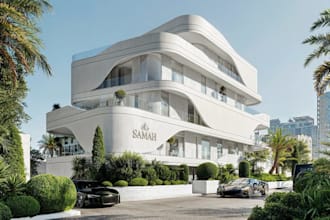 redesign hotel exterior, car park, cityscape, multi story building,swimming pool