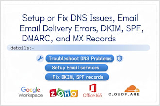 setup or fix dns issues, email delivery errors, dkim, spf, dmarc, and mx records