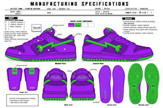 design footwear 3d sneakers with tech pack  for manufactory tech pack design
