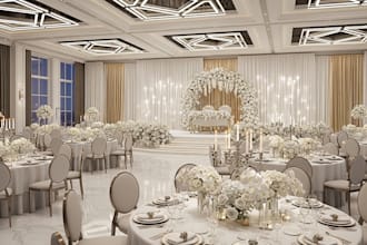 design 3d wedding decoration, ceremony layout, dance floor, outdoor event render