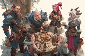 illustrate fantasy art, characters scenes and dnd party