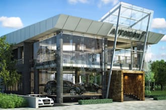 revamp modern car showroom exterior, glass facade, render driveway, walkthrough