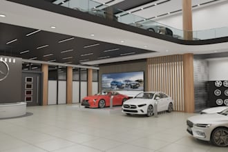 design stylish car showroom interior, reception desk,lounge area, indoor balcony