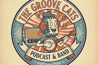 draw a vintage cartoon band or podcast logo