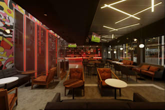 do 3d render of bar, cfe coffee shop, bakery, night club, sauna interior, lounge