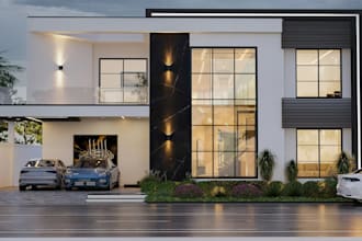 revamp real estate villa exterior,glass facade,  driveway rendering,floral decor