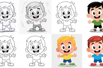sketch, outline and color cartoon illustrations