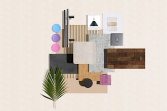 create material mood board, space planning shopping list