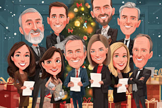 make a group christmas caricature cartoon, holiday gift card