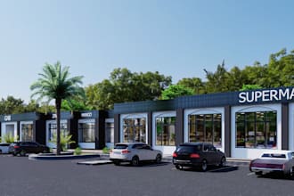 remodel shopping complex elevation, supermarket facade, commercial plaza render