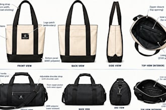 design tote bags, duffle flat sketch, tote bag or manufacturing