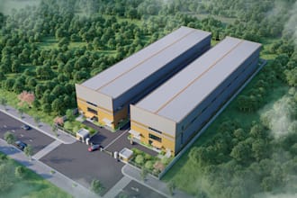 do realistic 3d cgi warehouse, cold storage, and commercial building rendering