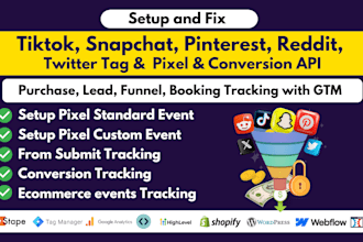 setup tiktok pixel,snapchat,pinterest tag reddit,twitter, conversion API via GTM