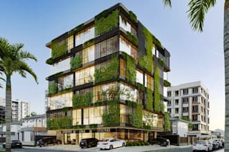 render 3d commercial shopping mall,green building, flexible layout,living wall