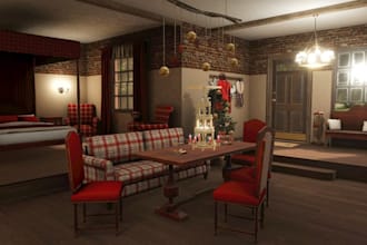 design 3d christmas room,interior layout,winter house, canopy bed,family lounge