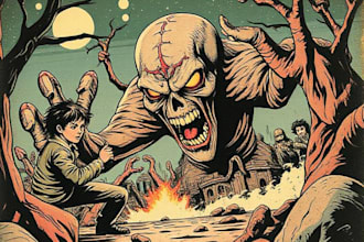 draw a retro vintage comic illustration, pop art, vintage art, manga, horror