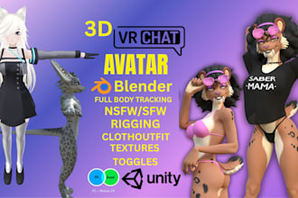 create  custom 3d vrchat character model, furry avatar, vseeface, sfm, vrm model