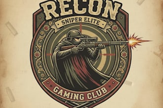design a vintage sniper gaming logo with a bold, tactical, and retro style