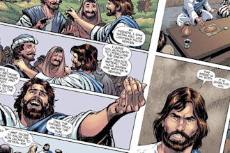 write and design comic book script, comic book illustration biblical comic book