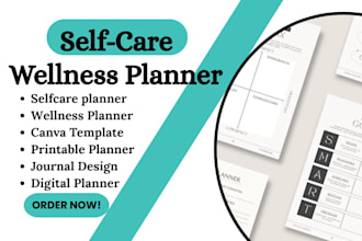 design editable canva self care journals, workbooks, planners and printabables