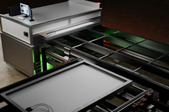 create 3d industrial process animation, solar renewable factory workflow video