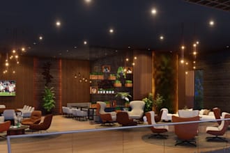 design 3d modern restaurant,interior render,lounge area,kitchen layout,cabinetry