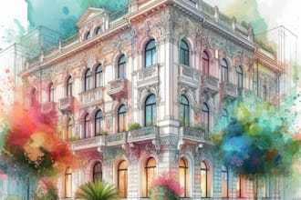 sketch architecture building with watercolor rendering