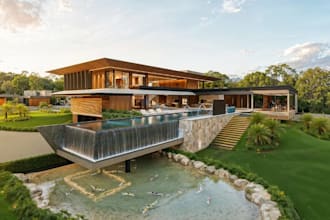 refine modern villa, real estate, landscape garden, backyard, corona rendering