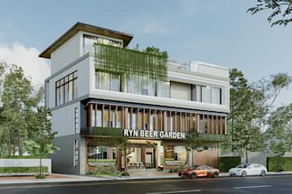 renovate 3d outdoor lounge, beer garden design, restaurant render, resort patio