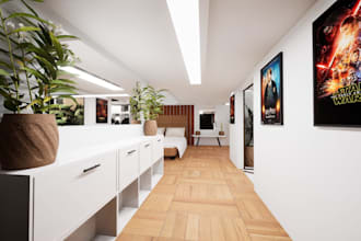 model minimalist studio apartment, checkerboard floor, open concept space render