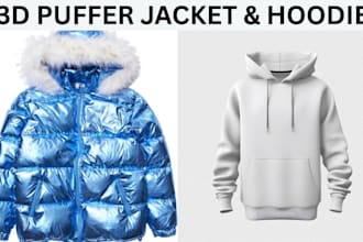 create 3d realistic hoodie, puffer, jacket design 3d mockup and 3d cgi rendering