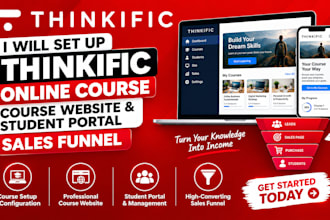 set up thinkific online course, course website and student portal, sales funnel