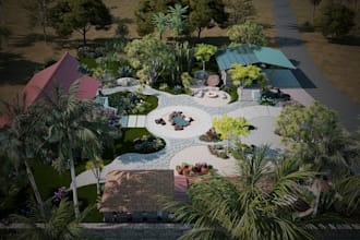 aerial or bird eye view render architecture and landscape