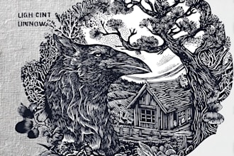 draw detailled linocut illustration for tshirt design