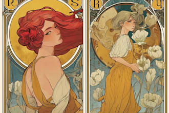 draw a vintage portrait in art nouveau bohemian style
