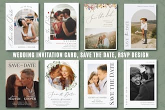 do a custom wedding invitation card, save the date, rsvp