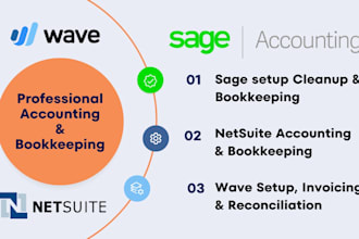 set up sage, netsuite, wave and myob provide  accounting and bookkeeping tasks