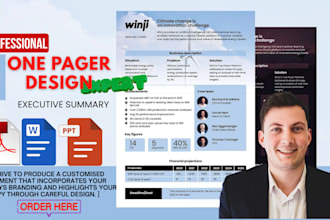 design one pager executive summary, report or investment teaser, financial model