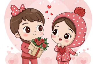 draw cute couple portrait chibi style for valentine gift